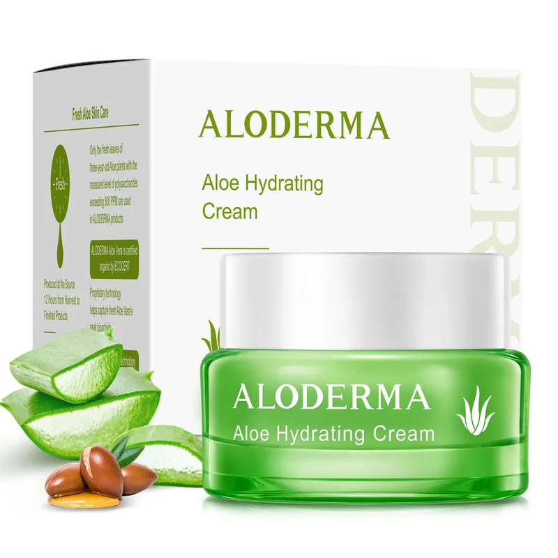 Pote e caixa do Aloe Hydrating Cream com fatias de aloe ao lado