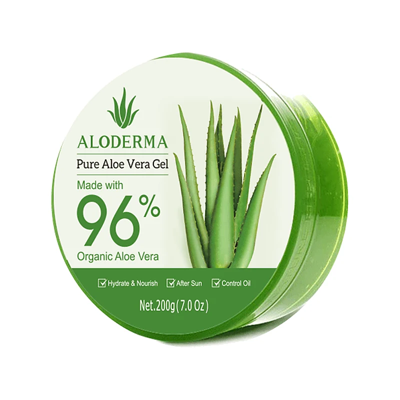 Pote do Pure Aloe Vera Gel 96% de 200 g aberto, com folhas de aloe fatiadas ao lado