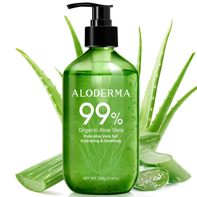 Frasco pump do Pure Aloe Vera Gel 99% de 500 g com folhas de aloe ao fundo