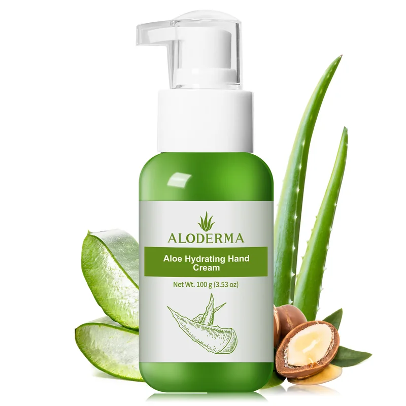 Bisnaga pump do Aloe Hydrating Hand Cream com folhas de aloe ao lado