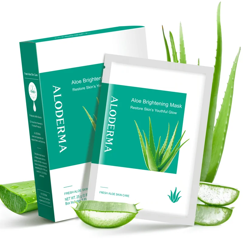 Caixa e sachês da Aloe Brightening Mask com folhas de aloe fatiadas