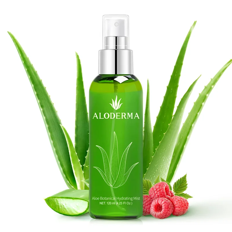 Frasco spray do Aloe Botanical Hydrating Mist com folhas de aloe e framboesa