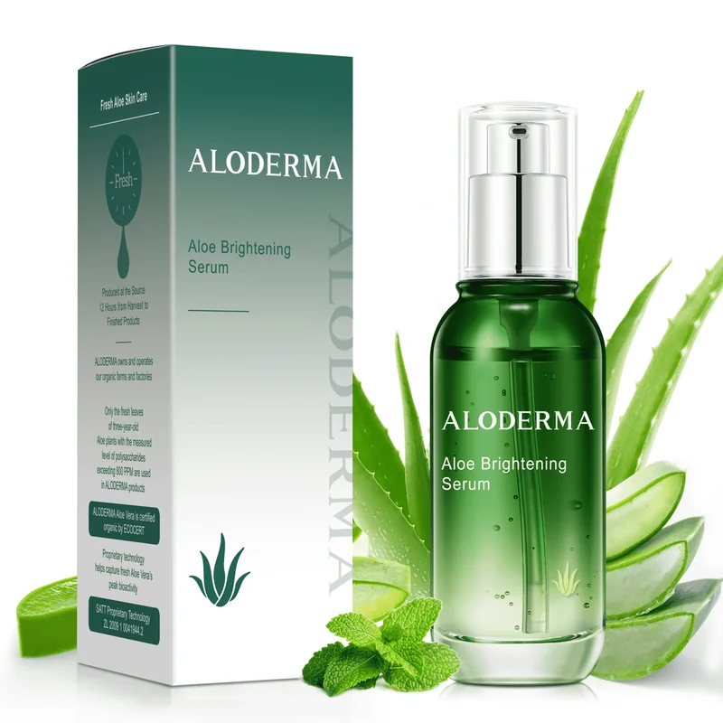 Frasco e caixa do Aloe Brightening Serum com folhas de aloe e hortelã